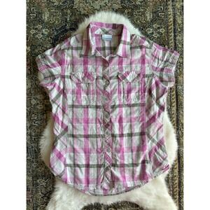 Columbia Women's Plaid Short Sleeve Button Up Shirt Pink Green Size L Outdoor